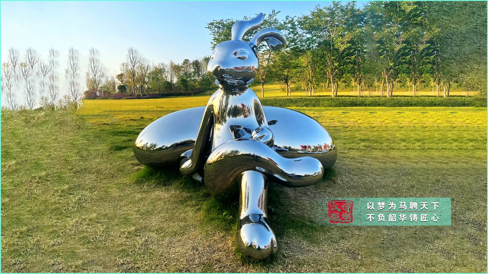 草原打卡景觀雕塑,長耳朵不銹鋼兔子,鏡面兔子定制擺件