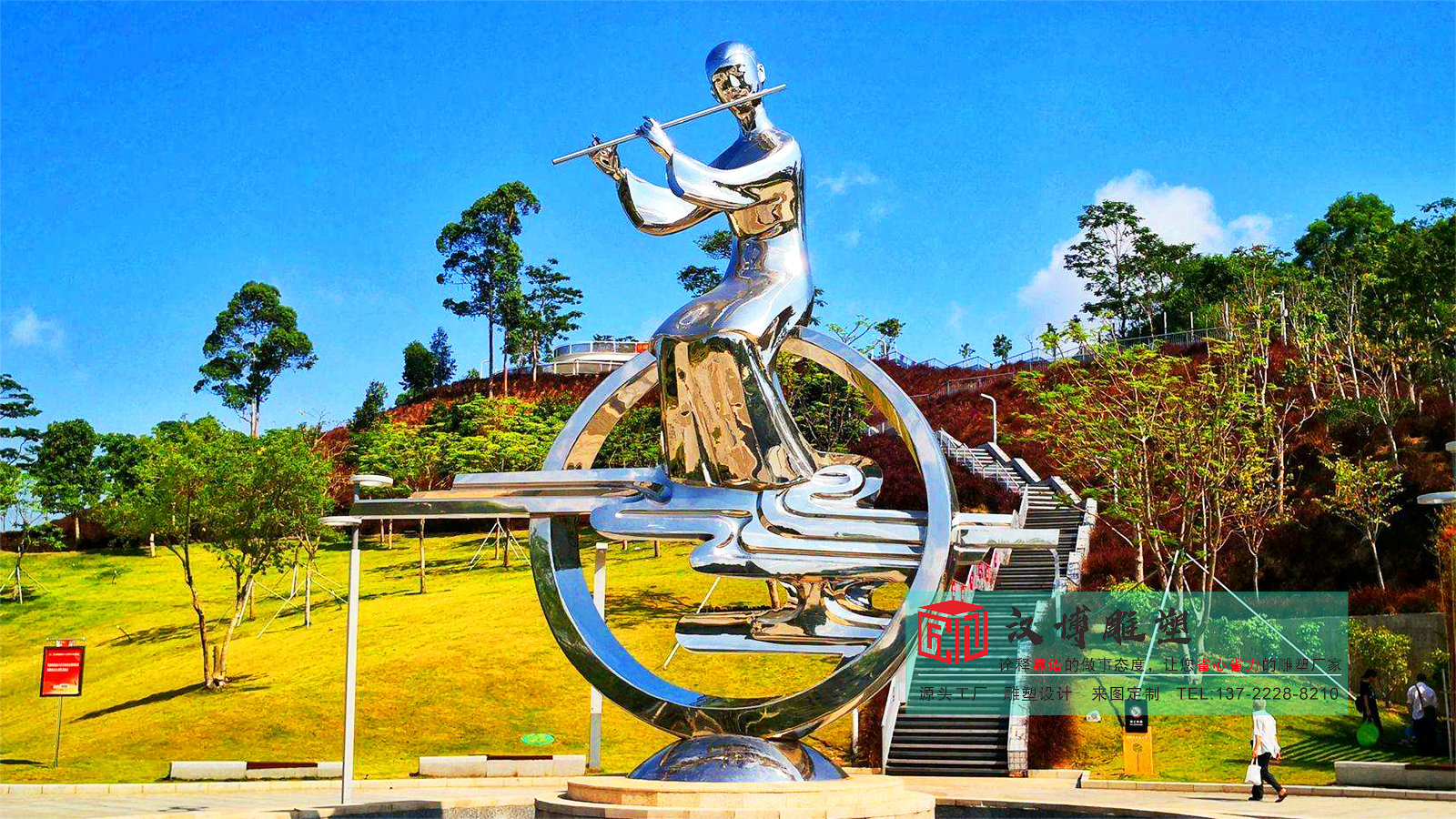 不銹鋼吹笛雕塑加工,廣場景觀雕塑擺件,金屬雕塑定制公司